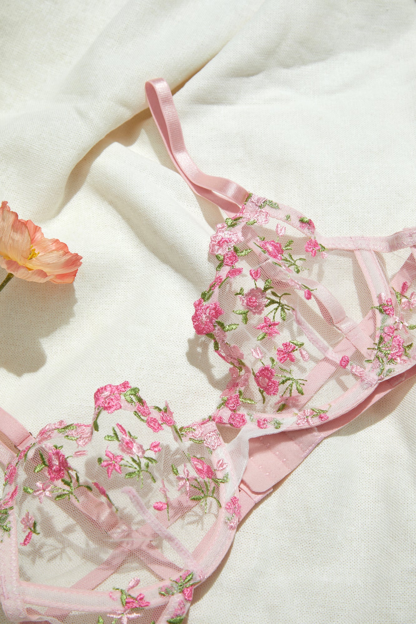 pink flower bra, see through sheer bra, lingerie store