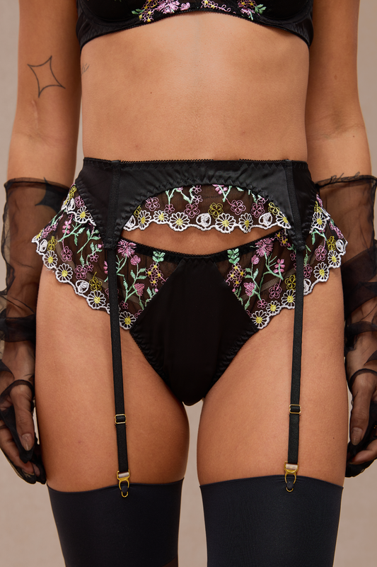 Garter belt and thong with pastel floral details on mesh
