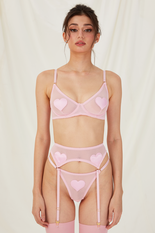 pink sheer lingerie set with shiny satin heart pattern