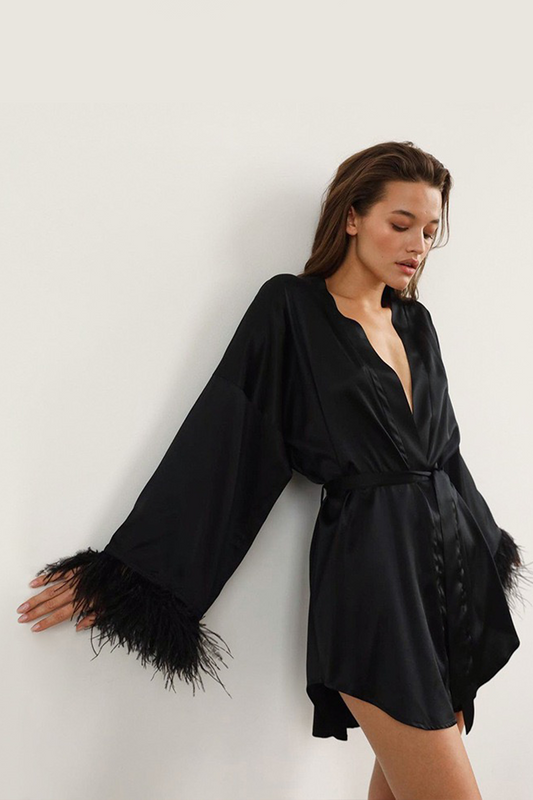 Black Satin Robe with Feather