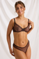 Model wearing a brown leopard print bra and matching thong with black trim, front view