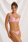 Angled front view of pink cherry blossom bra and thong with scalloped mesh cups and bow accents