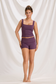 Full-length front view of the Plum Lace Tank Workout Set with matching high-waisted shorts