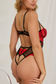 Back view of red lace bodysuit with thong back silhouette
