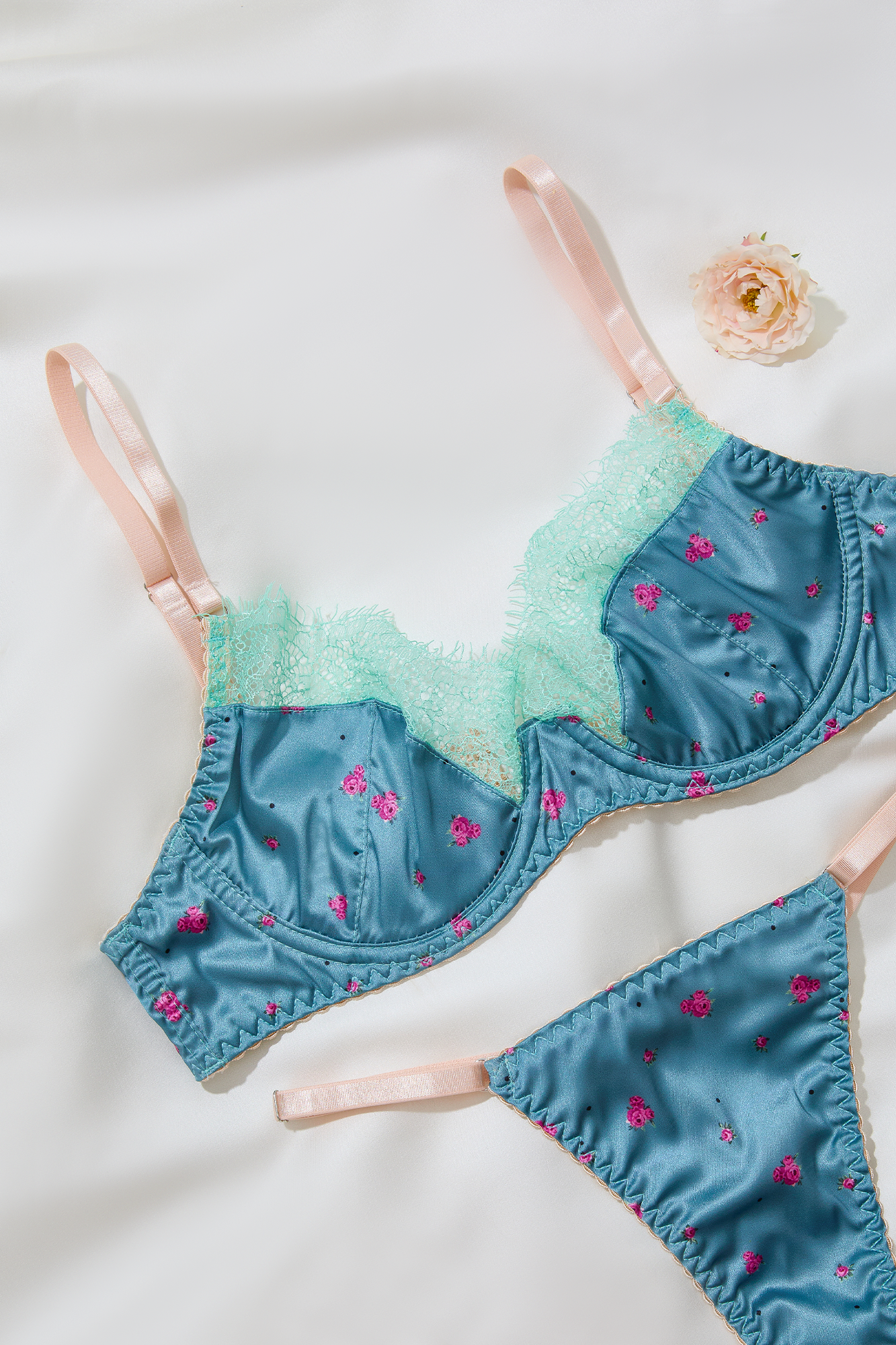 Blue Floral Satin Lingerie Set with Lace