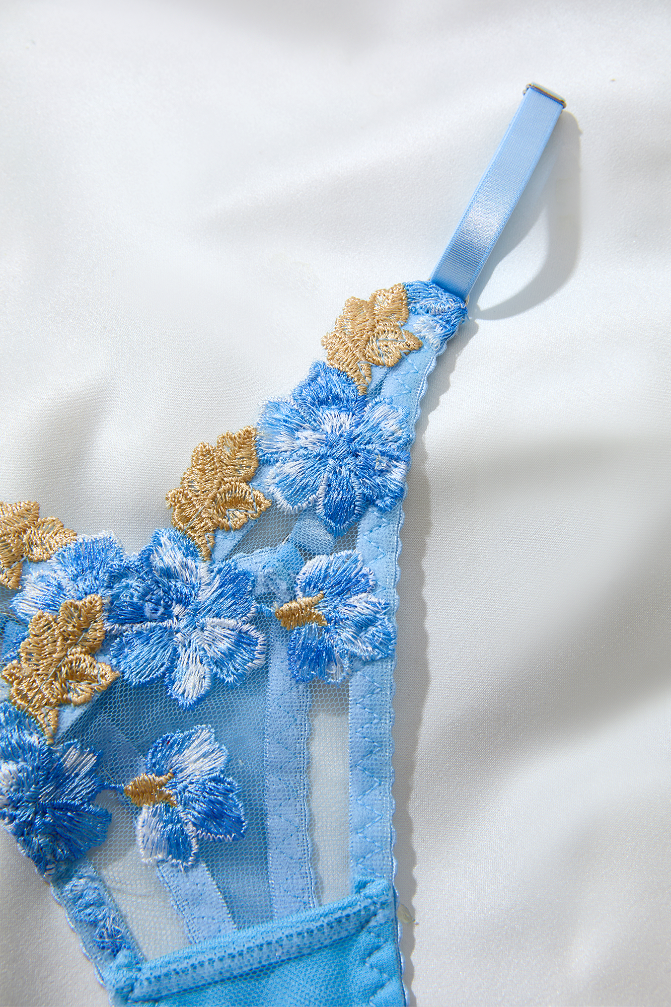 Blue Mesh Lingerie Set with Floral Embroidery