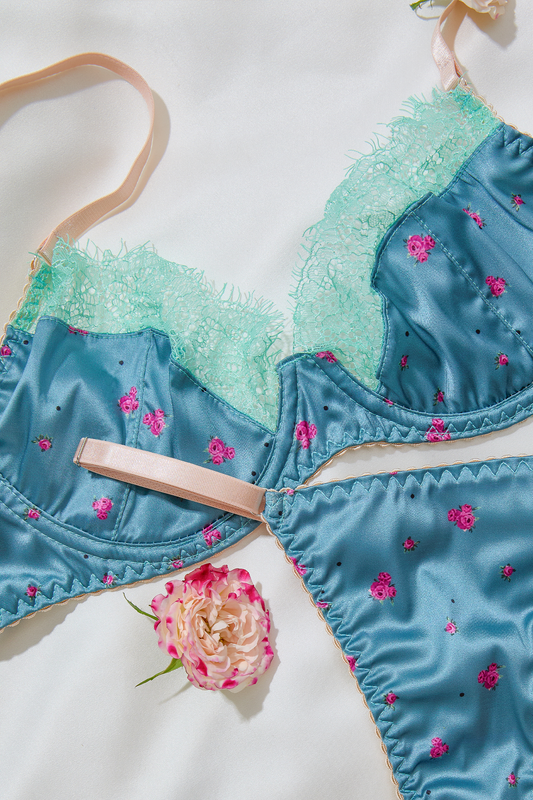 Blue Rose Embroidered Lingerie Set