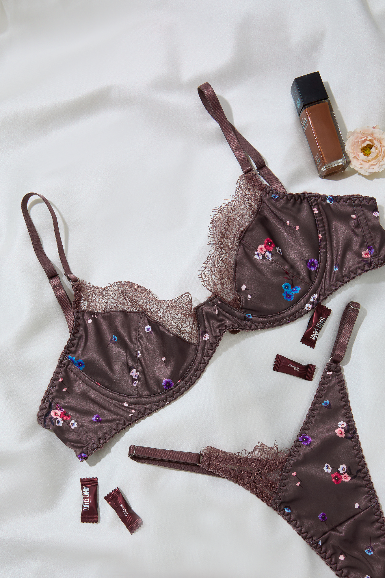 Brown floral satin lingerie set with lace balconette bra