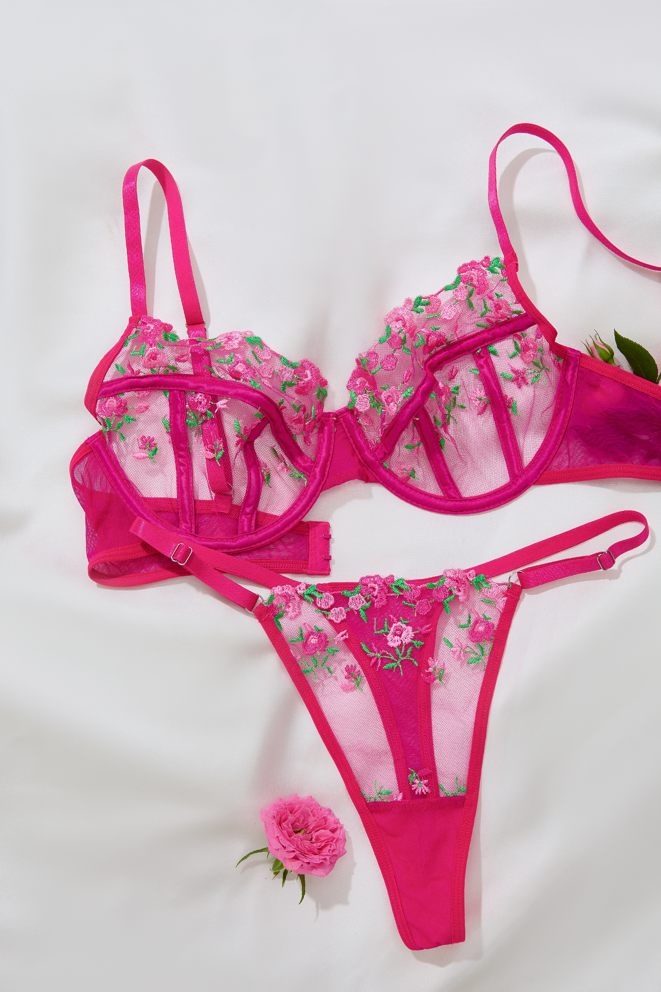 Hot pink floral embroidered lingerie set with sheer mesh bra and thong
