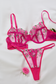 Hot pink floral embroidered lingerie set with sheer mesh bra and thong