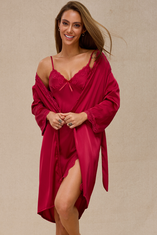 Red satin slip and robe set with lace trim