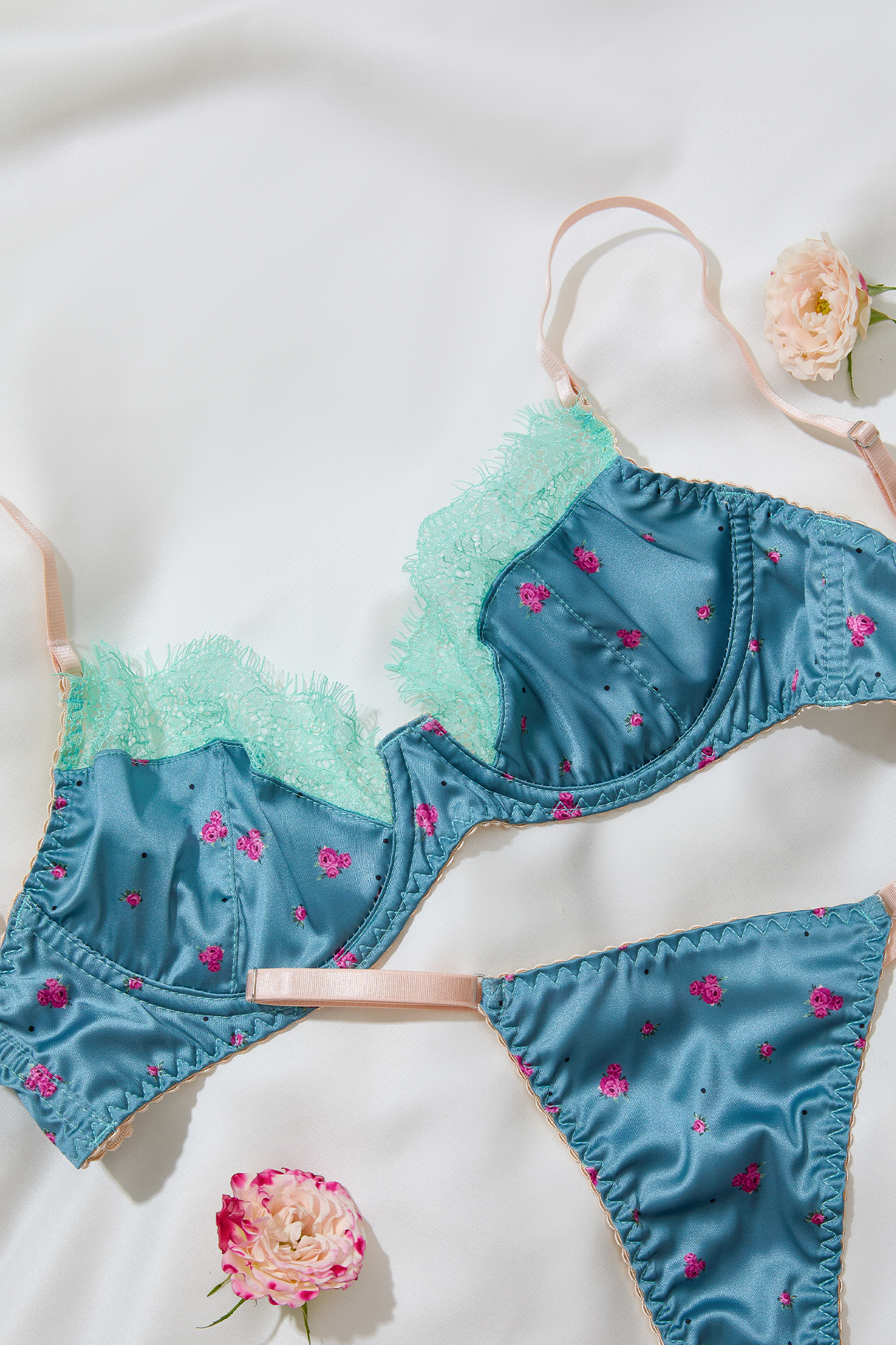 Romantic Blue Floral Bra and Panty Set
