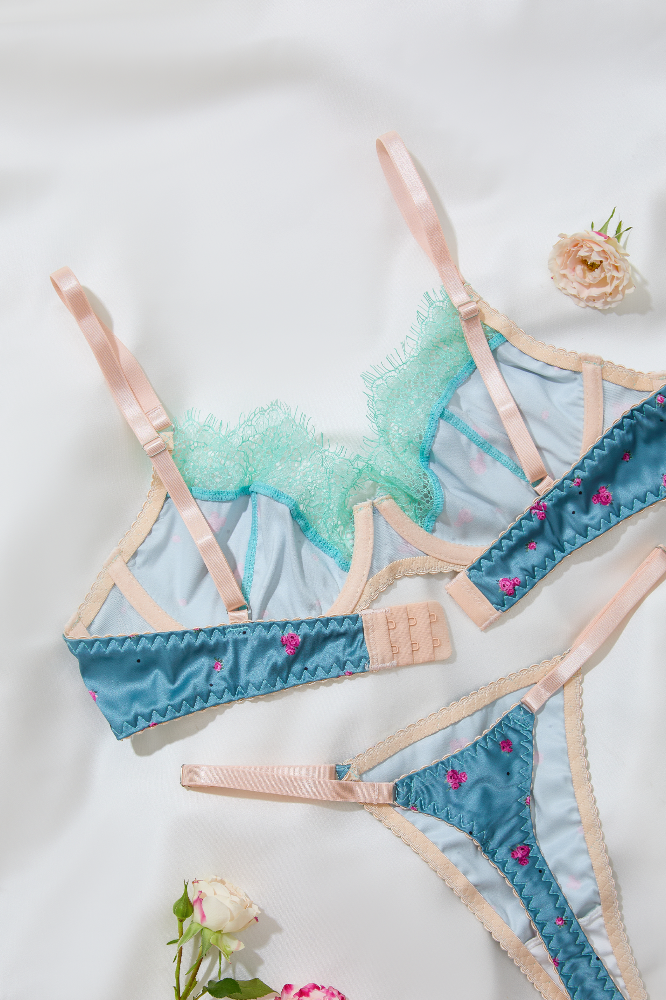 Satin Floral Lingerie Set in Sky Blue