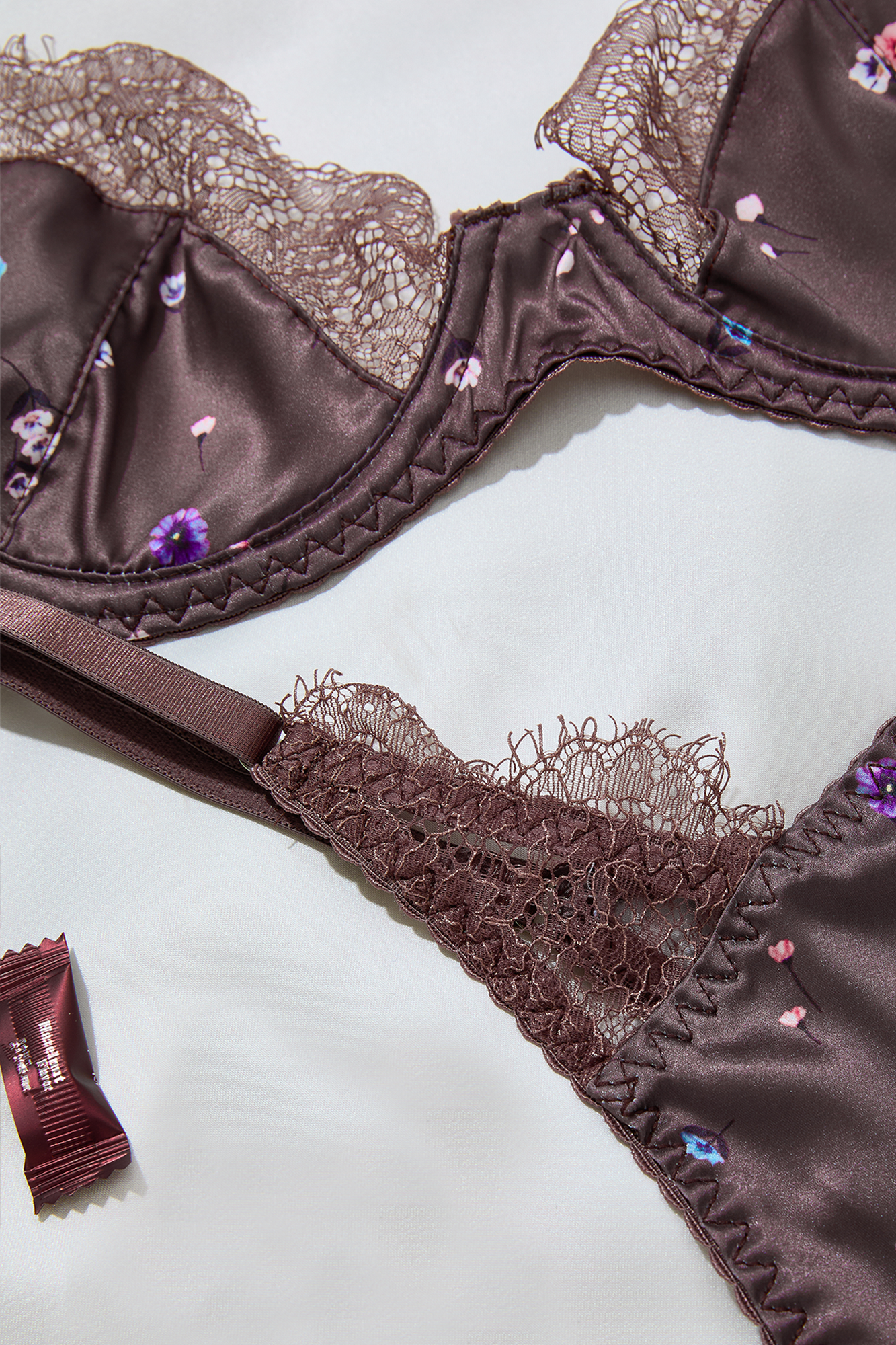 Vintage inspired floral bra and panty set in brown satin