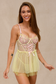 Yellow babydoll lingerie with pink ribbon and floral embroidery