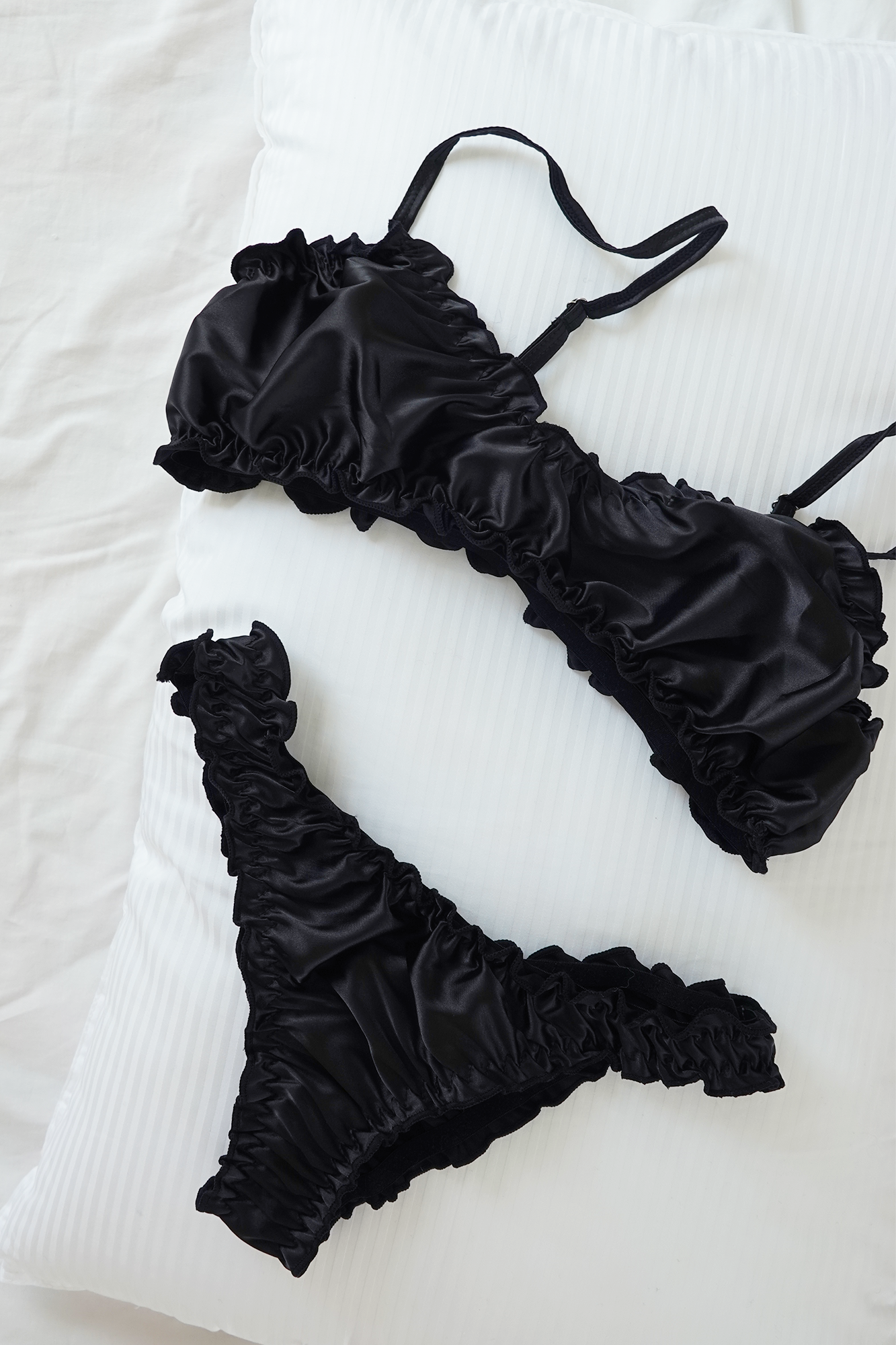 Black Silk Ruffled Bralette and Underwear Set
