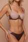 front view of chocolate brown and pink lace lingerie set