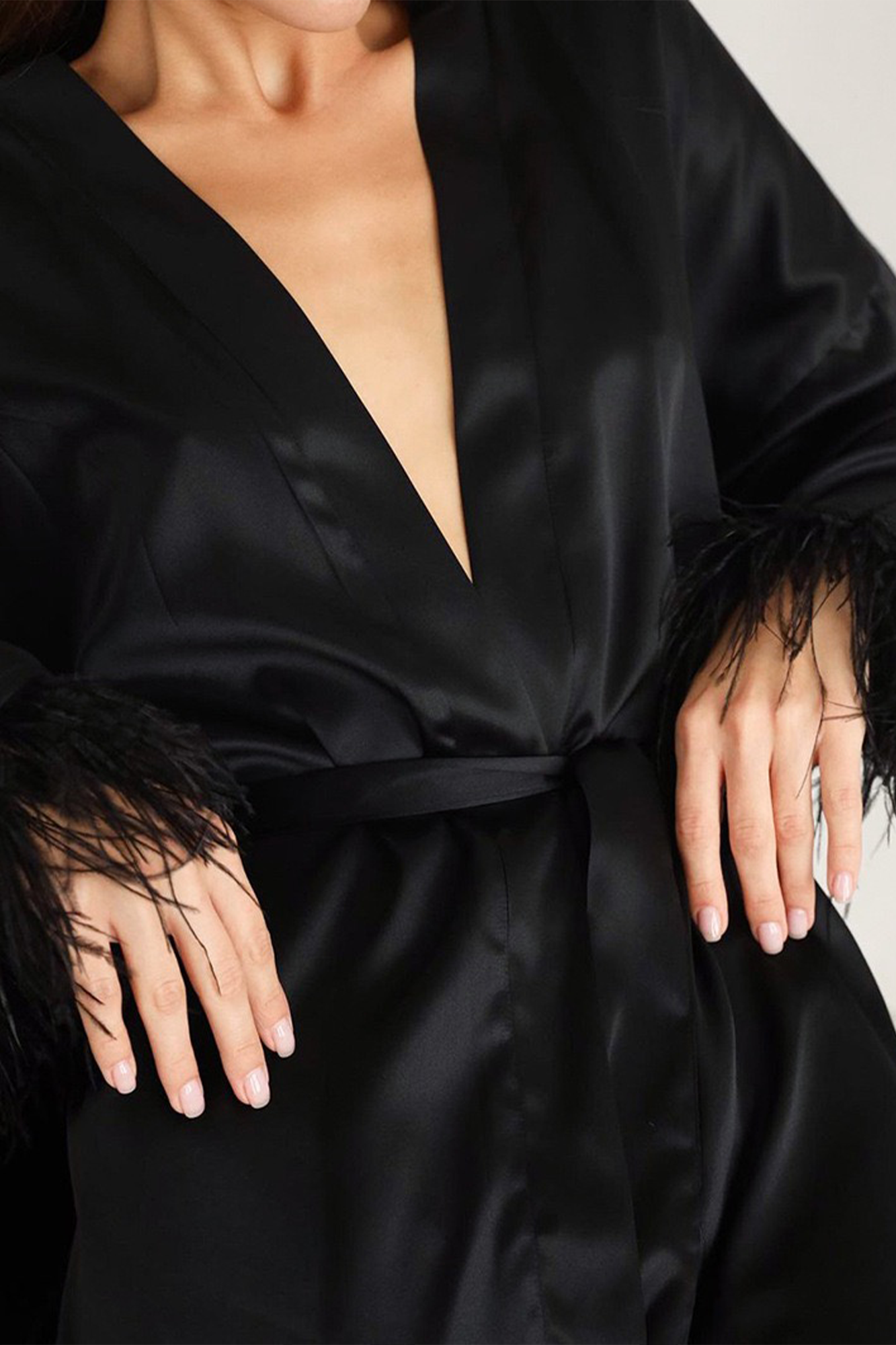Black Satin Robe with Feather