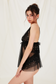 romantic black sheer babydoll dress with flowing silhouette and pearls

