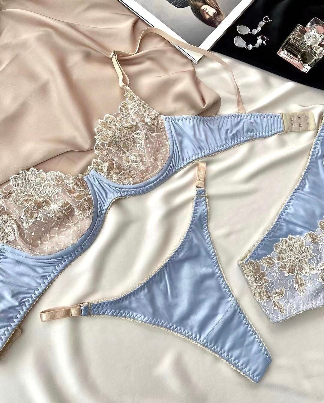 Blue and Gold Lingerie Set  Three Piece Sheer & Satin Set – Moxy