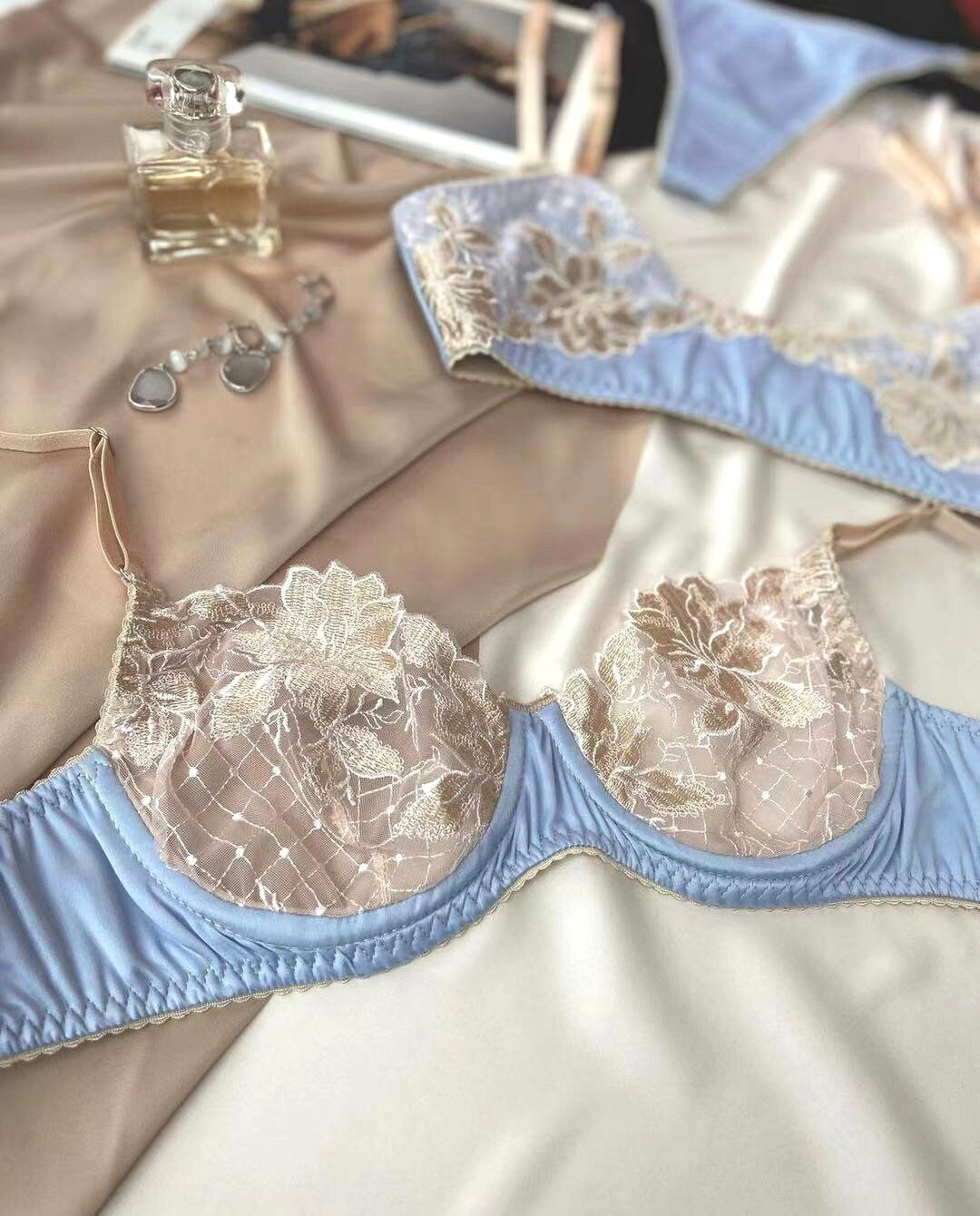 Baby Blue Floral Underwired 3 Piece Lingerie Set
