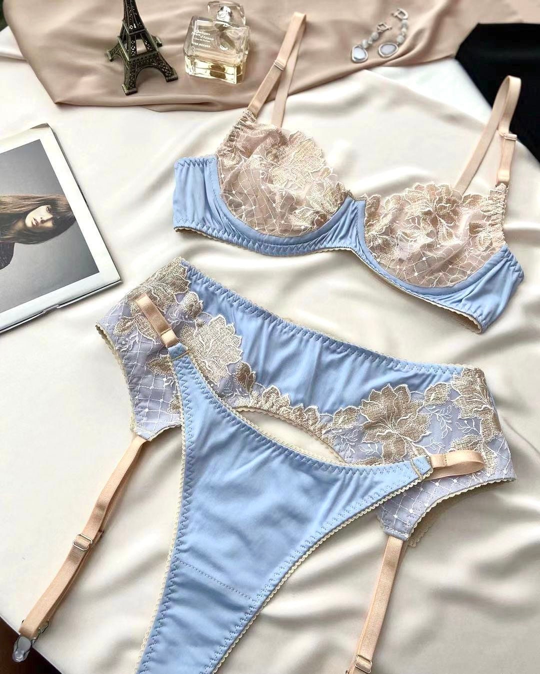 Baby Blue Floral Underwired 3 Piece Lingerie Set