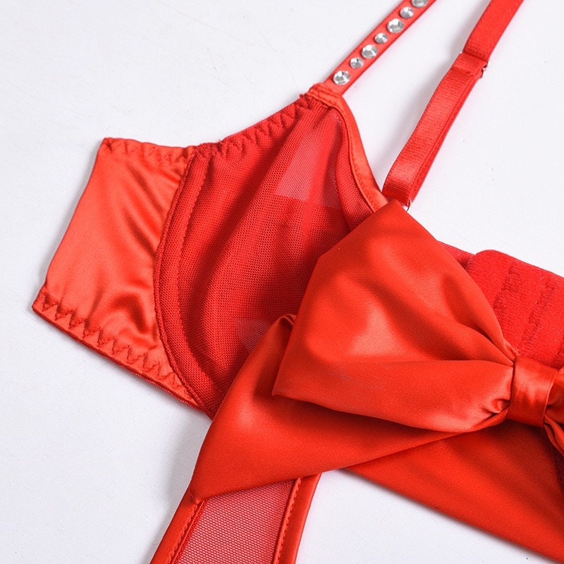 A Gift For You Satin Bow Bra And Panty Set - Red