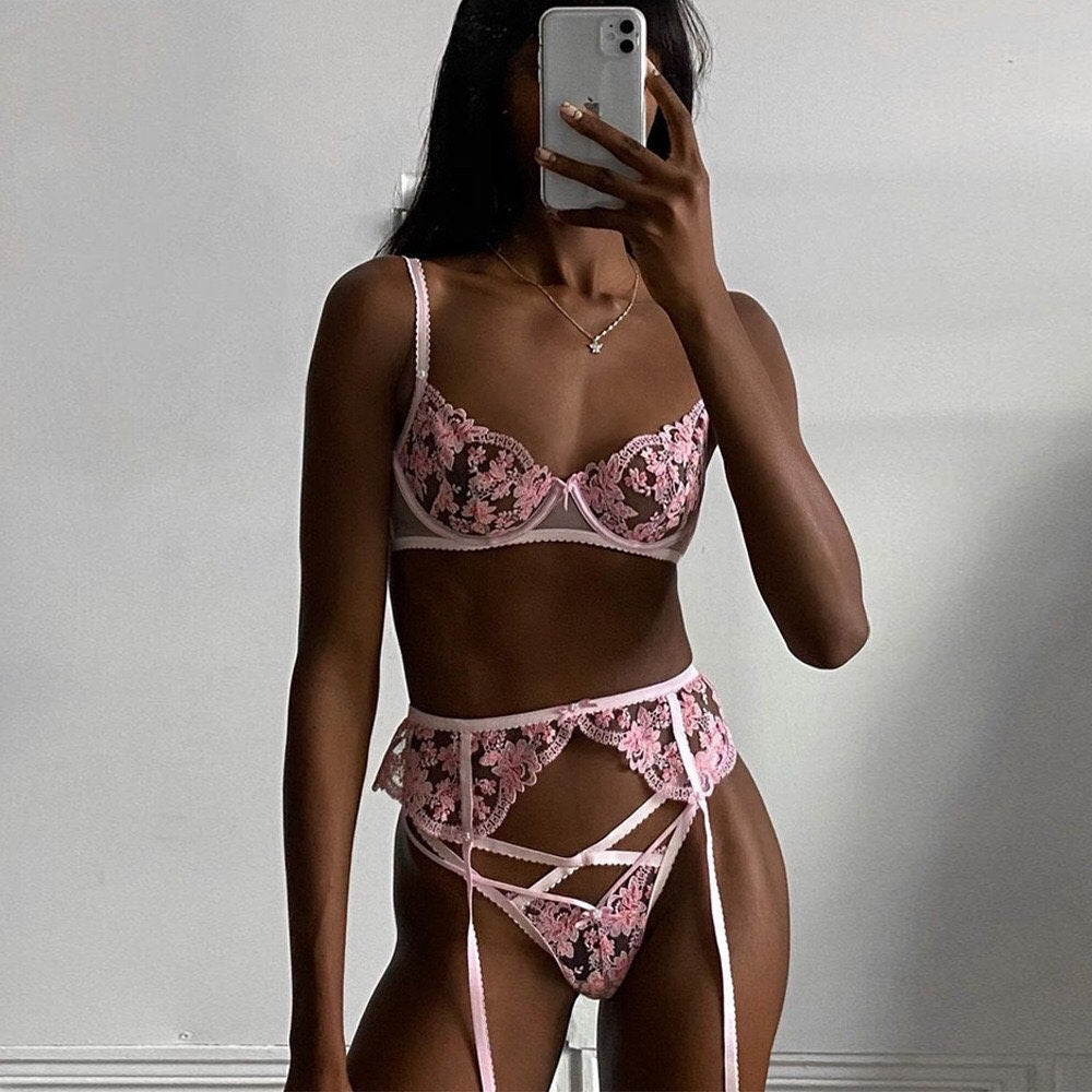 Baby Pink Heart Embroidered 3 Piece Lingerie Set